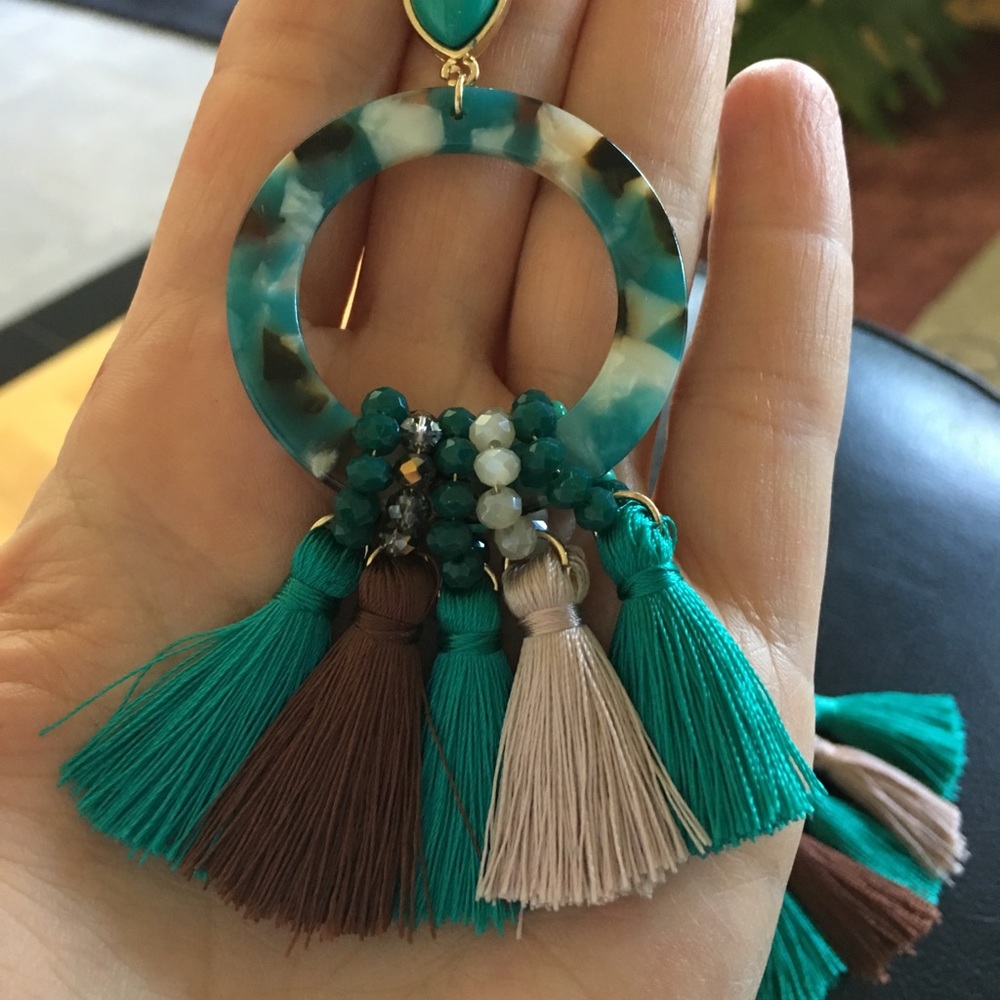 Turquoise acetate beaded fringe dangle earrings - Picture 7 of 8